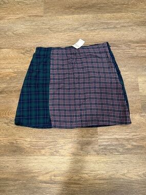 American Eagle Outfitters Mixed Plaid Patchwork Mini Skirt - Green & Burgundy
